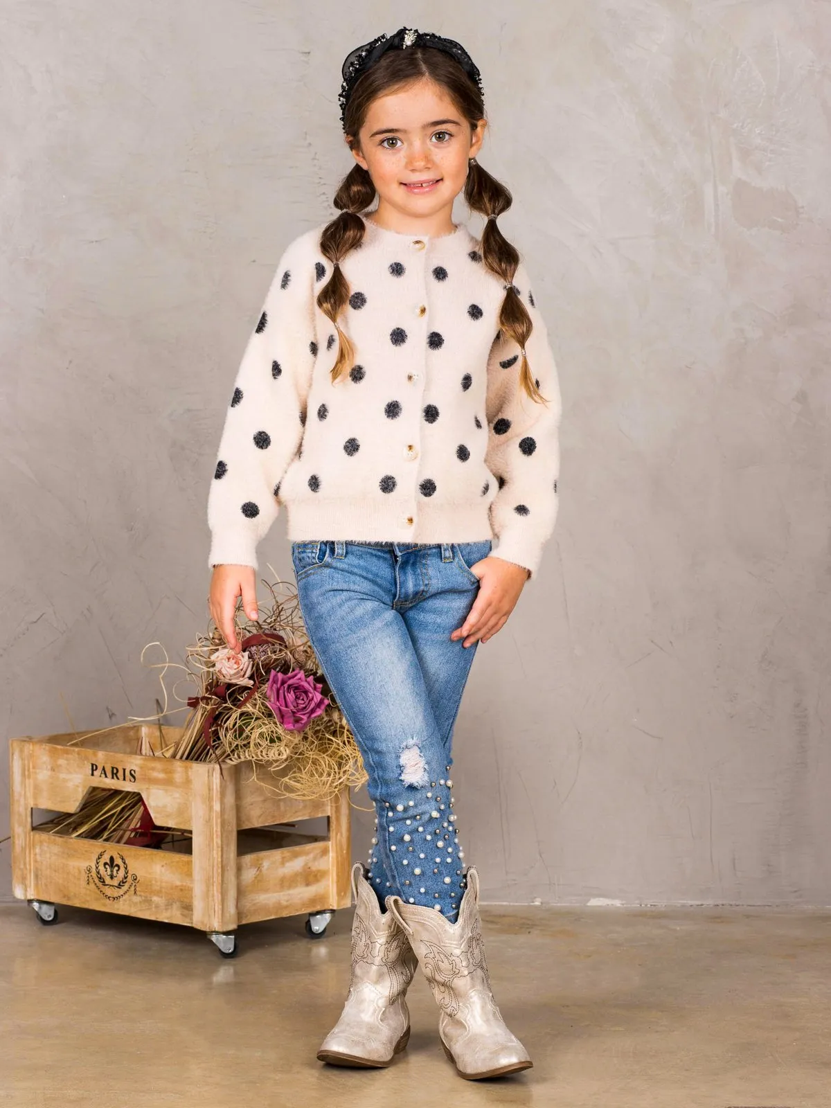 Girls Polka Dot Plush Fuzzy Buttoned Cardigan