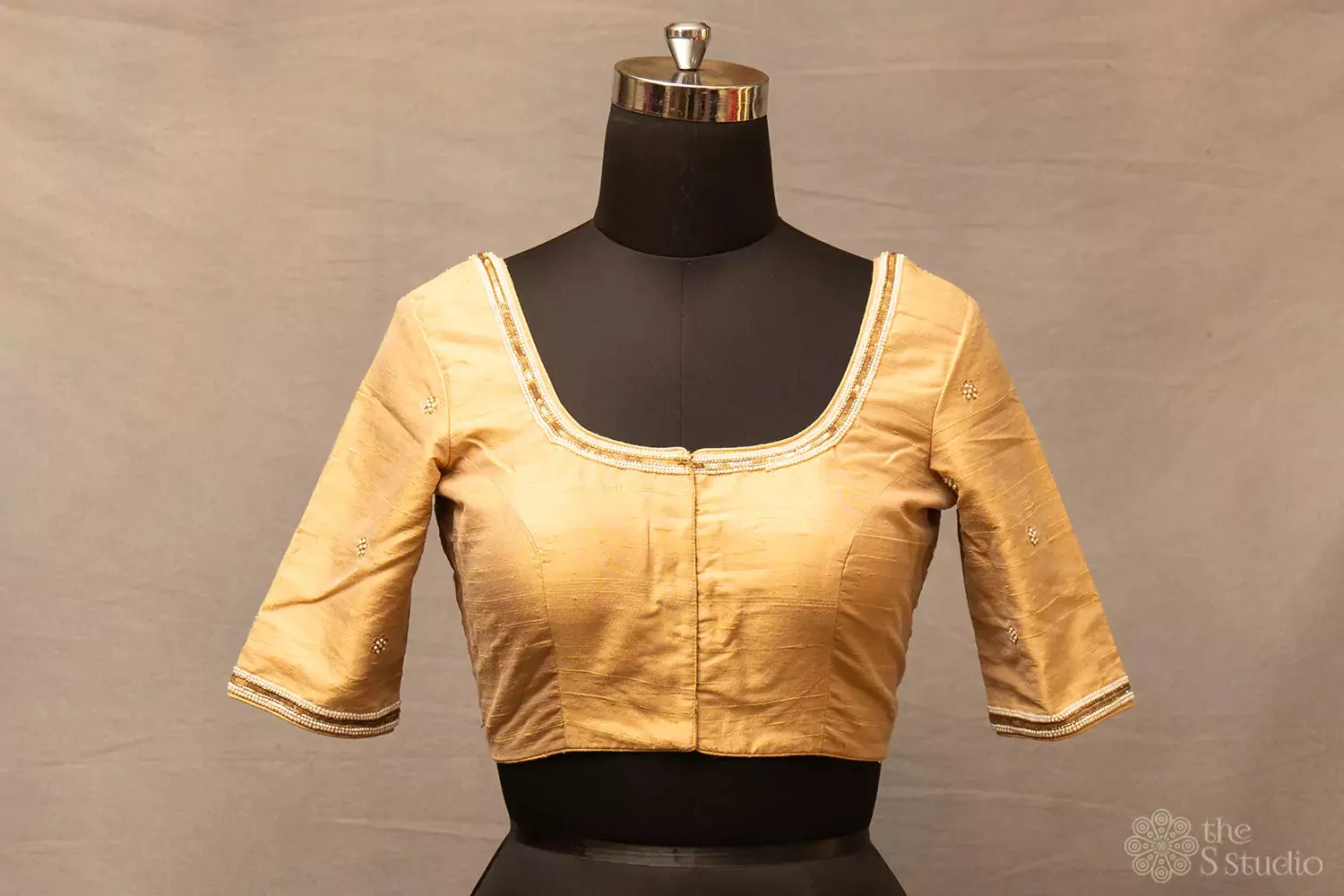 Golden beige hand  embroidered silk blouse with neck pattern