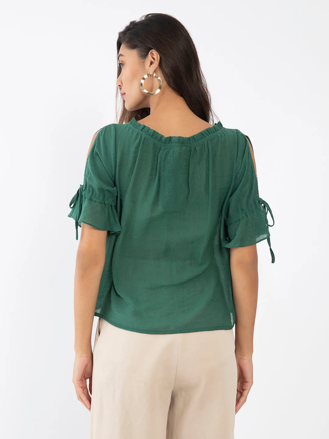 Green Solid Slit Sleeve Top