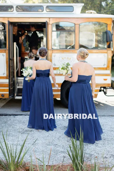 Halter Backless Chiffon Bridesmaid Dress, Beaded Cheap Bridesmaid Dress, D906