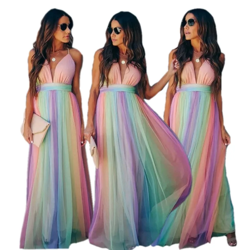 Halter Bliss™ | Women's Gradient Rainbow Halter Dress | Spaghetti Strap, Vibrant Color Design, Perfect for Parties