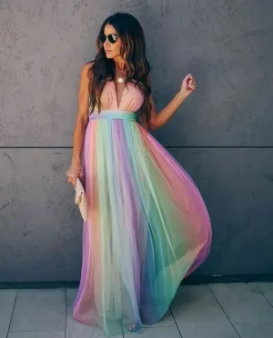 Halter Bliss™ | Women's Gradient Rainbow Halter Dress | Spaghetti Strap, Vibrant Color Design, Perfect for Parties