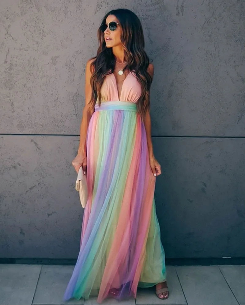 Halter Bliss™ | Women's Gradient Rainbow Halter Dress | Spaghetti Strap, Vibrant Color Design, Perfect for Parties