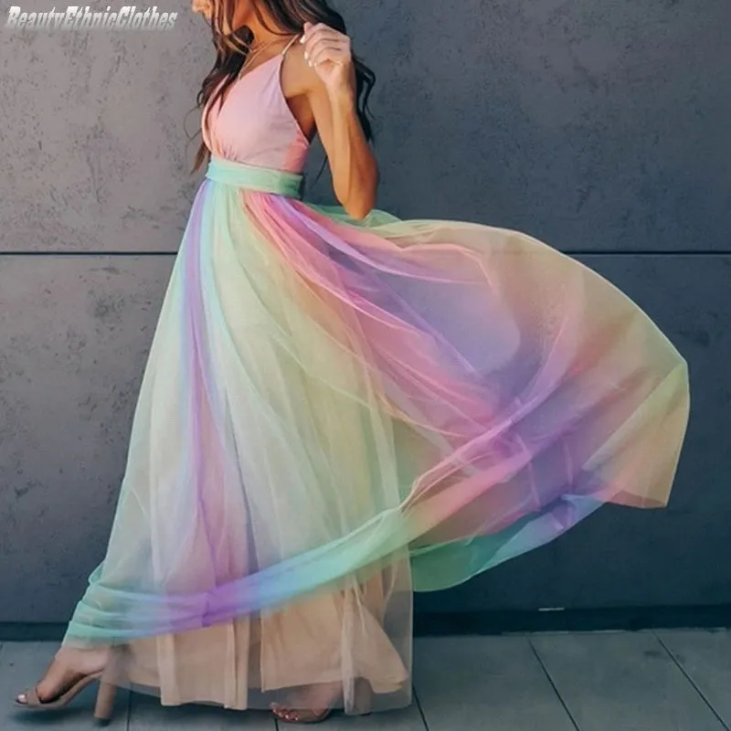Halter Bliss™ | Women's Gradient Rainbow Halter Dress | Spaghetti Strap, Vibrant Color Design, Perfect for Parties