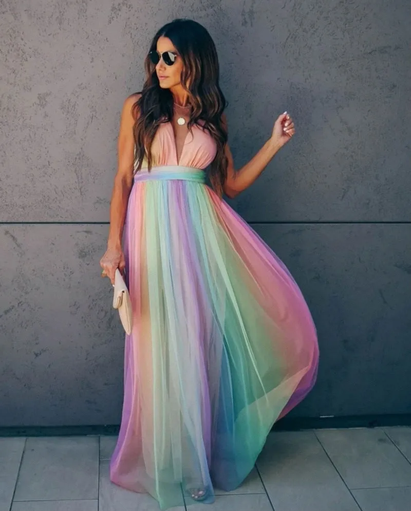 Halter Bliss™ | Women's Gradient Rainbow Halter Dress | Spaghetti Strap, Vibrant Color Design, Perfect for Parties