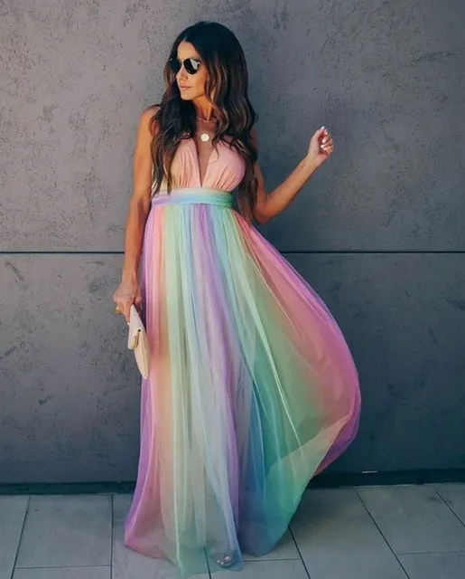 Halter Bliss™ | Women's Gradient Rainbow Halter Dress | Spaghetti Strap, Vibrant Color Design, Perfect for Parties