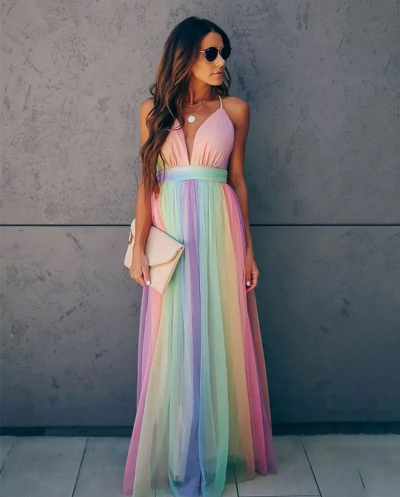 Halter Bliss™ | Women's Gradient Rainbow Halter Dress | Spaghetti Strap, Vibrant Color Design, Perfect for Parties