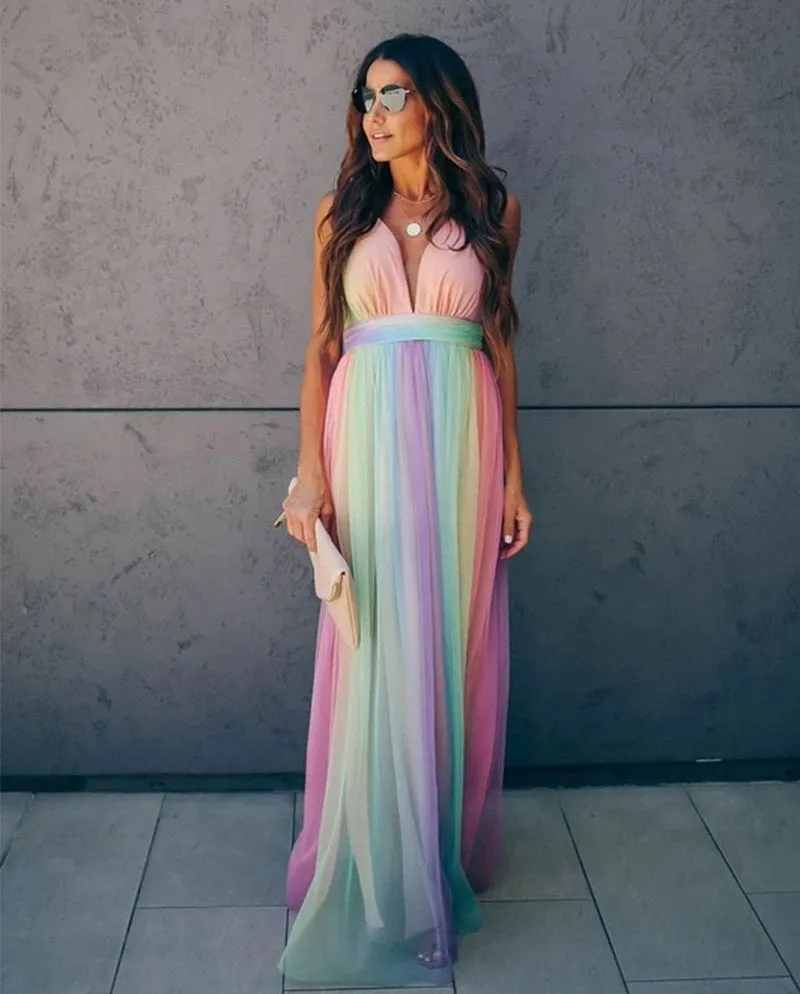 Halter Bliss™ | Women's Gradient Rainbow Halter Dress | Spaghetti Strap, Vibrant Color Design, Perfect for Parties