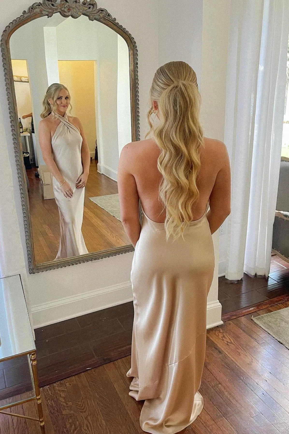 Halter Champagne Sheath Long Party Dress