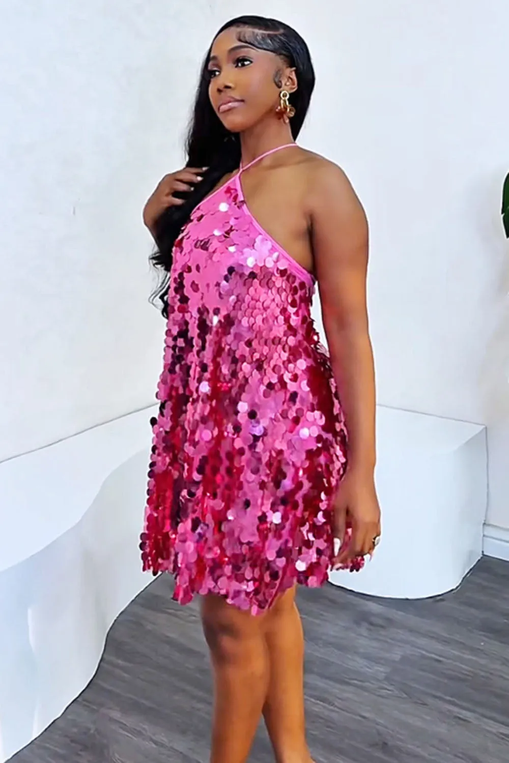 Halter Cross Cami Back Disco Sequin Party Mini Dresses-Fuchsia [Pre Order]