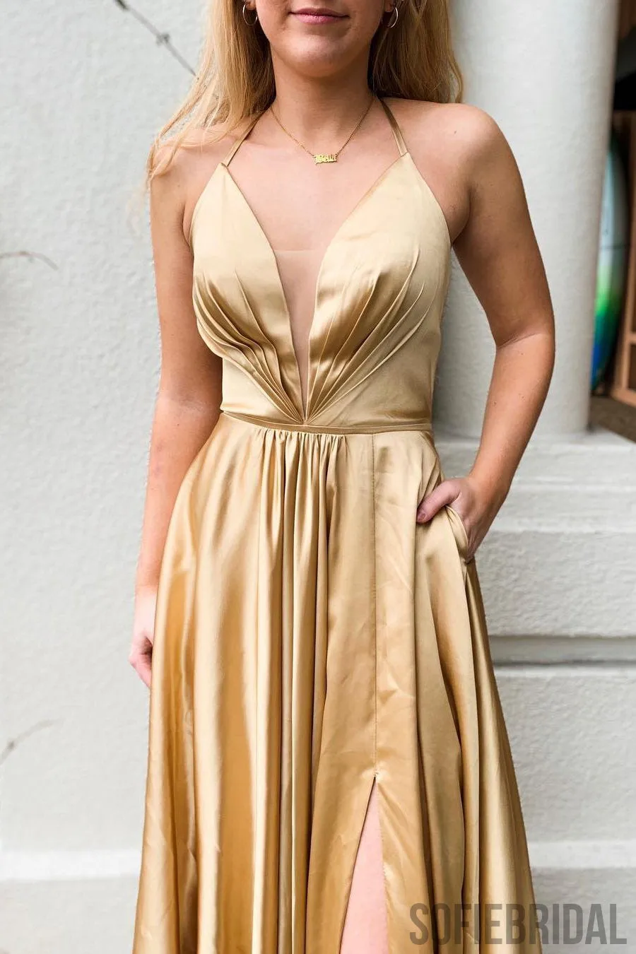 Halter Deep V-neck Lace-up Back Prom Dresses With Split, PD0132
