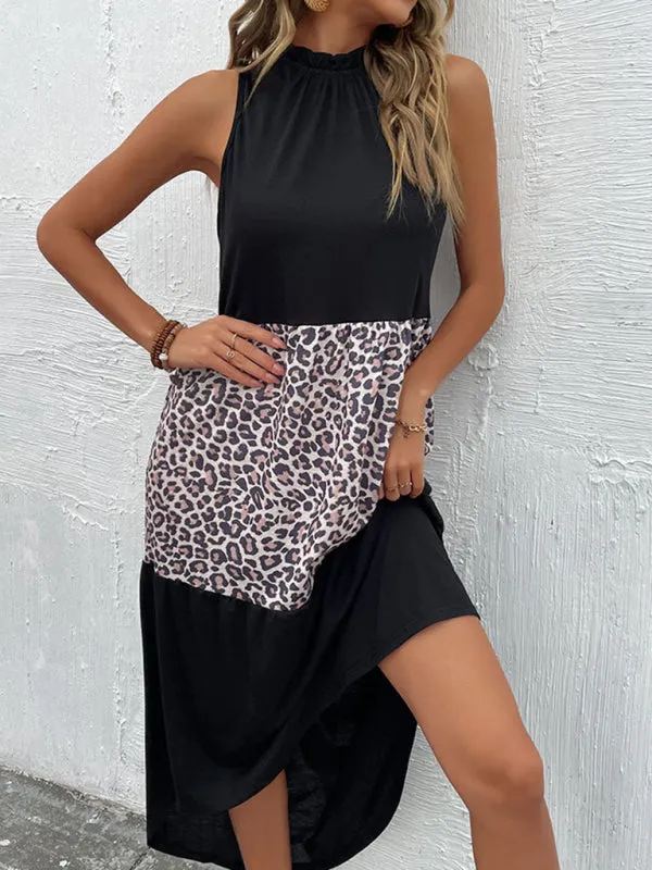 Halter Dress with Leopard Print Panel and Asymmetrical Hem