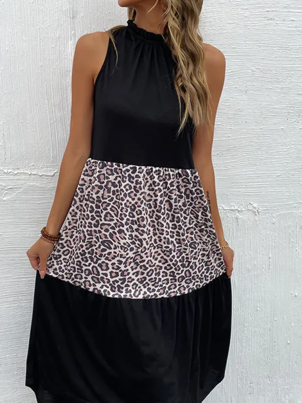 Halter Dress with Leopard Print Panel and Asymmetrical Hem