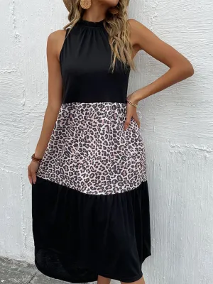 Halter Dress with Leopard Print Panel and Asymmetrical Hem