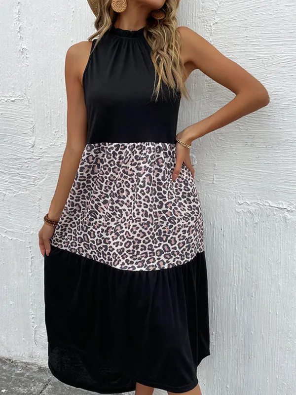 Halter Dress with Leopard Print Panel and Asymmetrical Hem