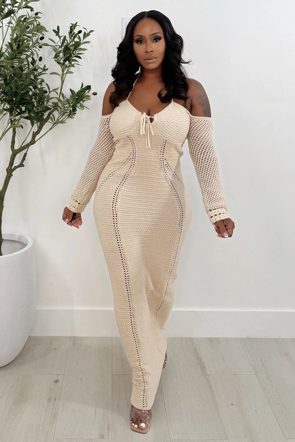 Halter Long Sleeve Hollow Out Knit Vacation Maxi Dresses-Beige [Pre Order]