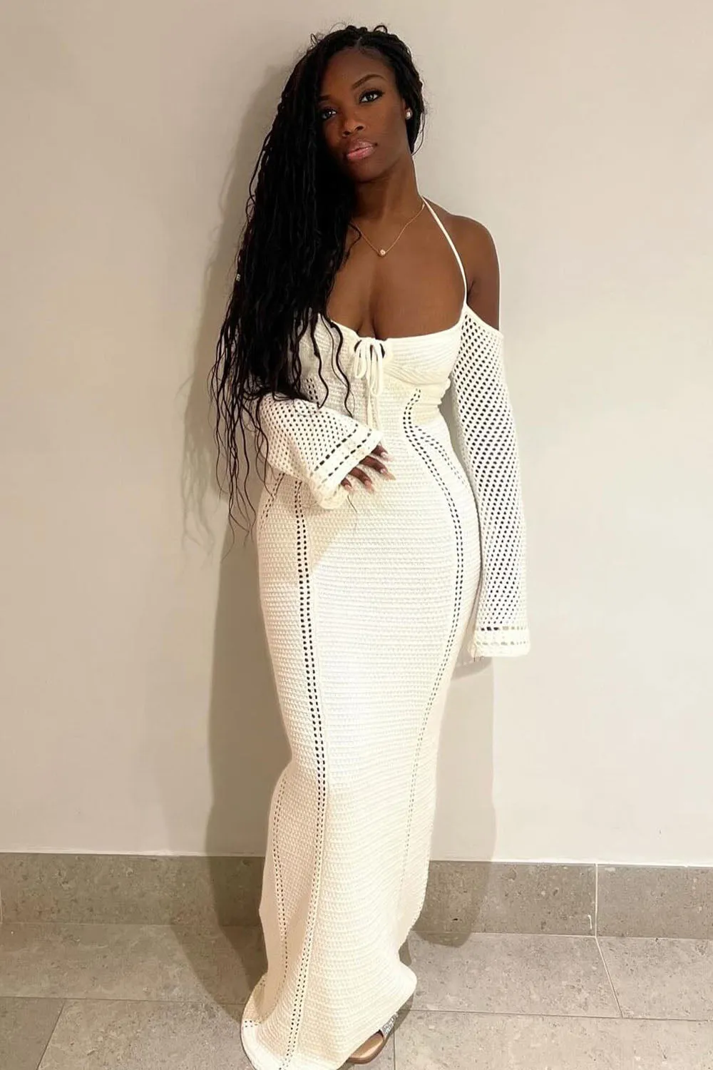 Halter Long Sleeve Hollow Out Knit Vacation Maxi Dresses-Beige [Pre Order]