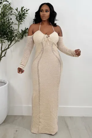 Halter Long Sleeve Hollow Out Knit Vacation Maxi Dresses-Beige [Pre Order]