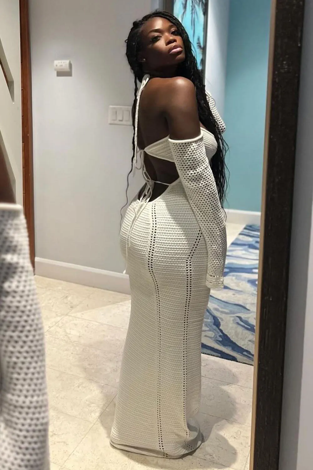 Halter Long Sleeve Hollow Out Knit Vacation Maxi Dresses-Beige [Pre Order]