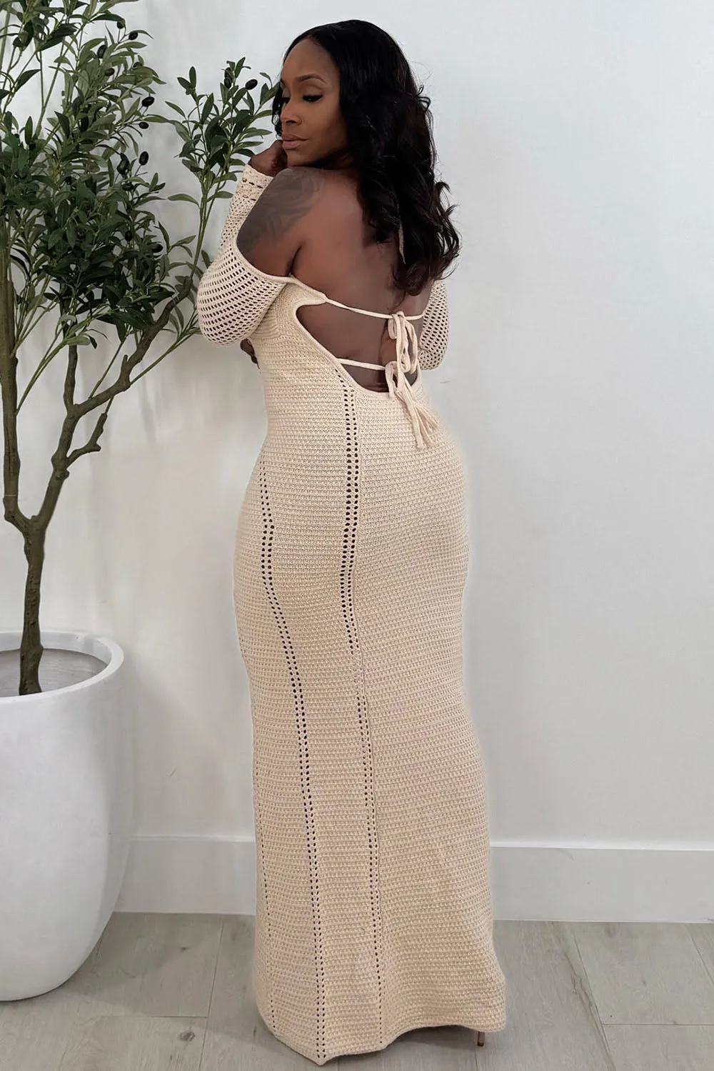Halter Long Sleeve Hollow Out Knit Vacation Maxi Dresses-Beige [Pre Order]