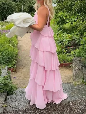 Halter Neck Backless Maxi Dress with Layered Design