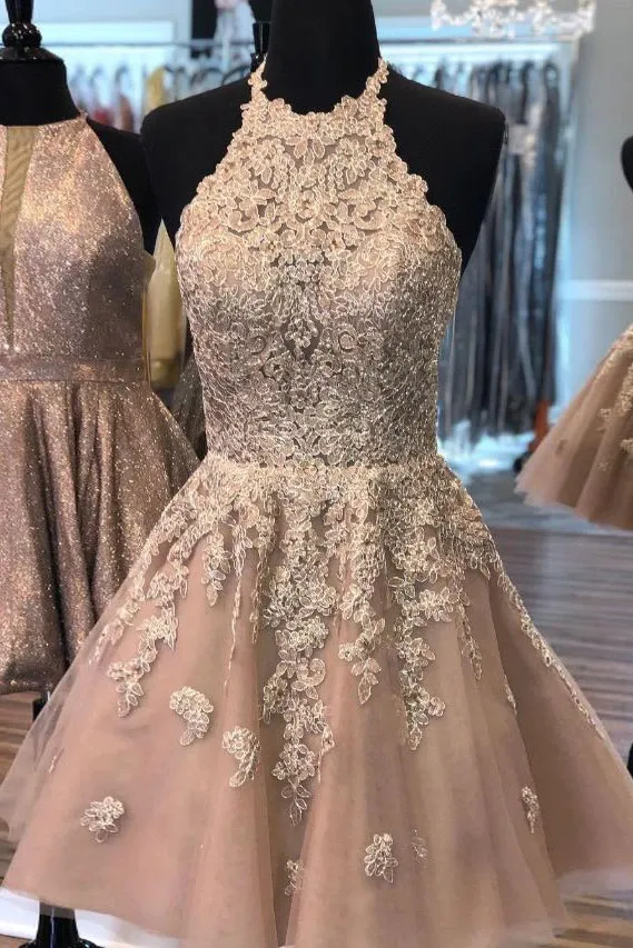 Halter Neck Champagne Lace Short Prom Dresses, Short Lace Champagne Formal Evening Homecoming Dresses Dresses