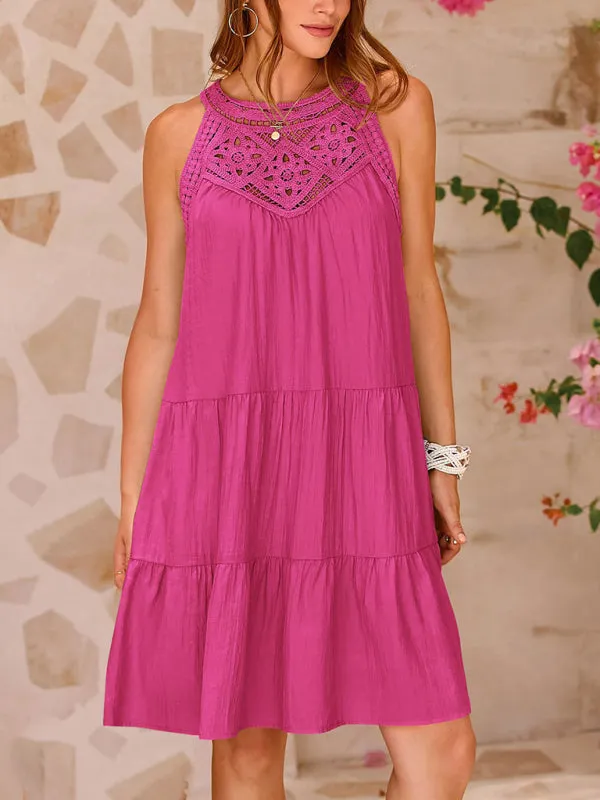 Halter Neck Dress with Lace Stitching and Tiered Design