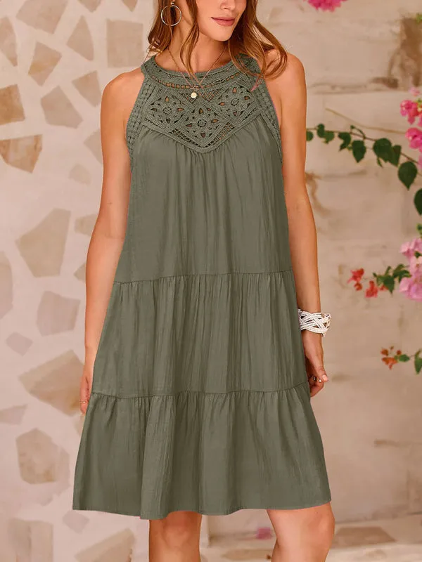 Halter Neck Dress with Lace Stitching and Tiered Design