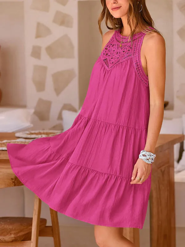 Halter Neck Dress with Lace Stitching and Tiered Design