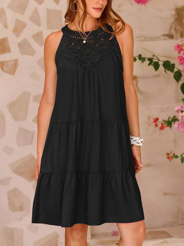 Halter Neck Dress with Lace Stitching and Tiered Design