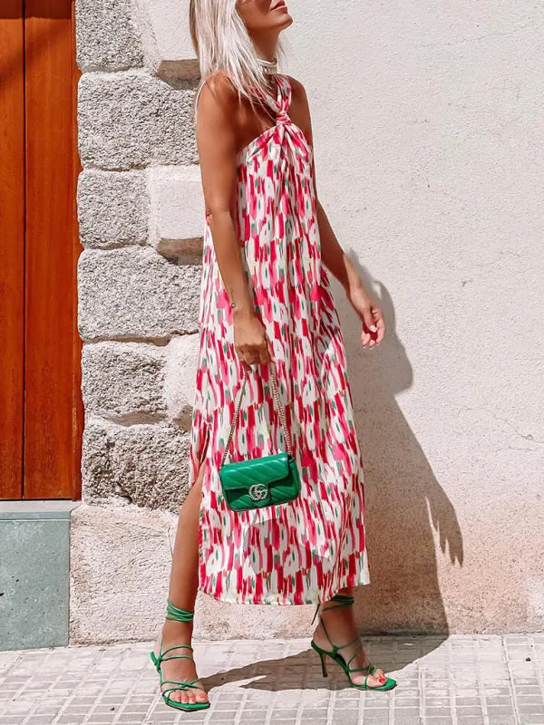 Halter Neck Midi Dress with Geometric Print and Side Slit