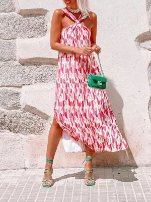 Halter Neck Midi Dress with Geometric Print and Side Slit