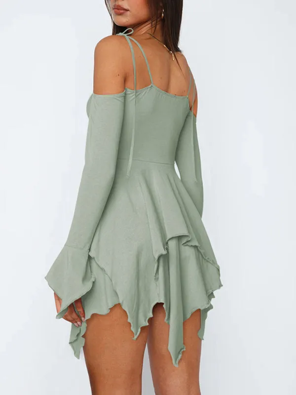 Halter Neck Mini Dress with Ruched Bodice and Asymmetrical Hem