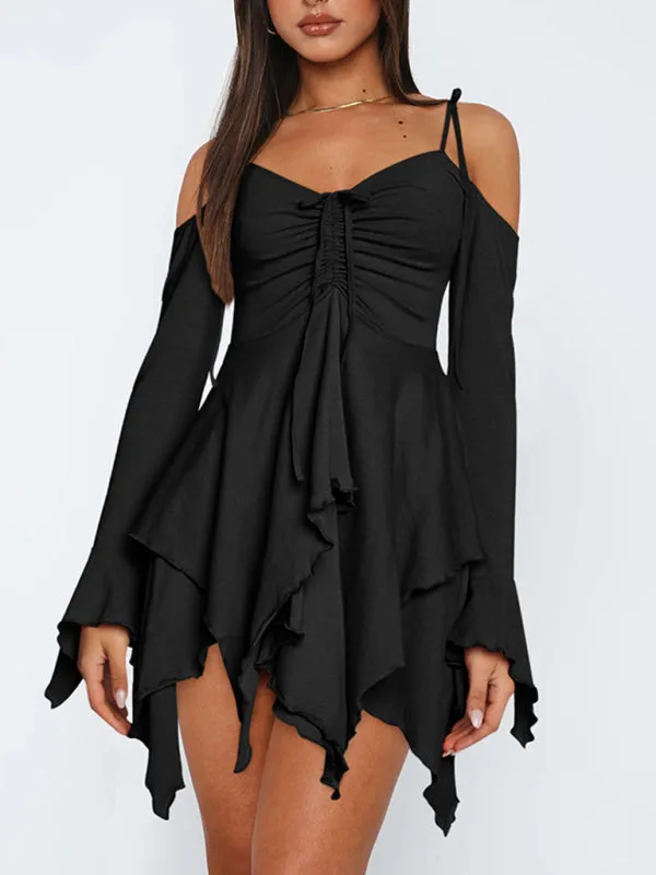 Halter Neck Mini Dress with Ruched Bodice and Asymmetrical Hem