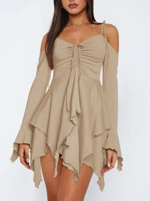 Halter Neck Mini Dress with Ruched Bodice and Asymmetrical Hem