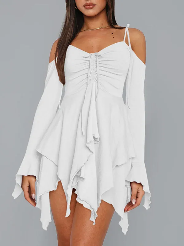 Halter Neck Mini Dress with Ruched Bodice and Asymmetrical Hem