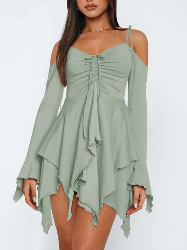 Halter Neck Mini Dress with Ruched Bodice and Asymmetrical Hem