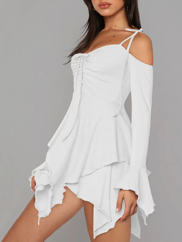 Halter Neck Mini Dress with Ruched Bodice and Asymmetrical Hem