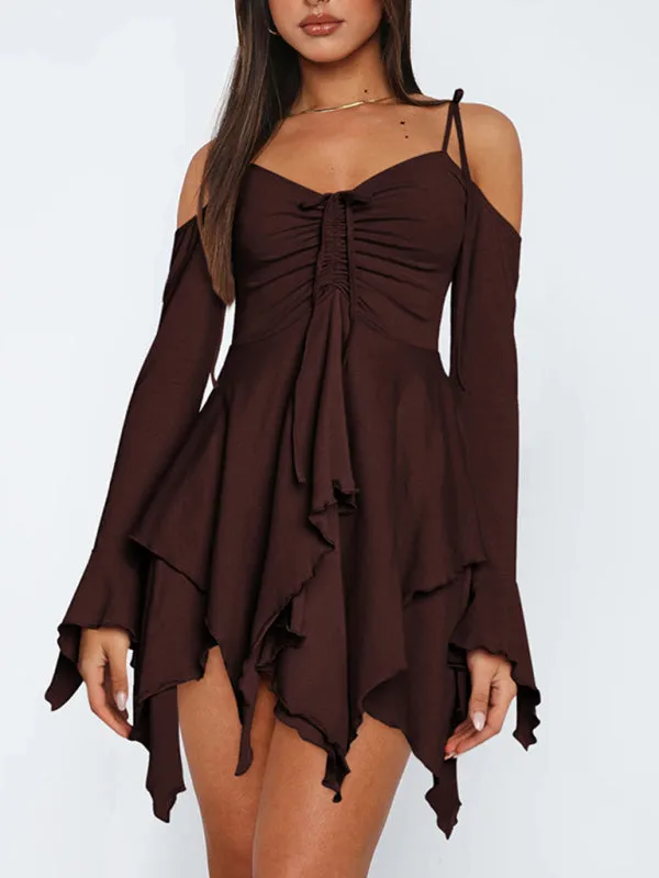 Halter Neck Mini Dress with Ruched Bodice and Asymmetrical Hem