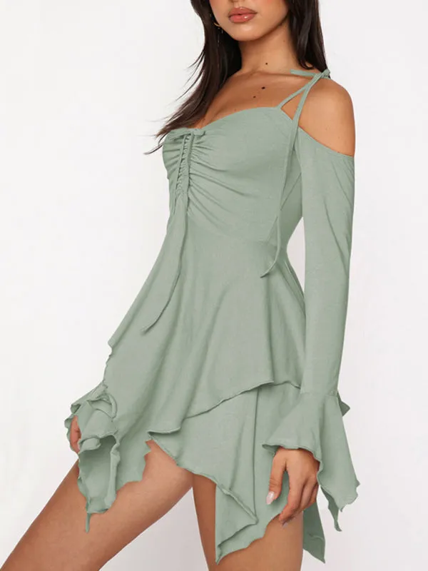 Halter Neck Mini Dress with Ruched Bodice and Asymmetrical Hem