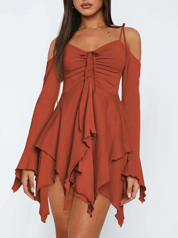 Halter Neck Mini Dress with Ruched Bodice and Asymmetrical Hem