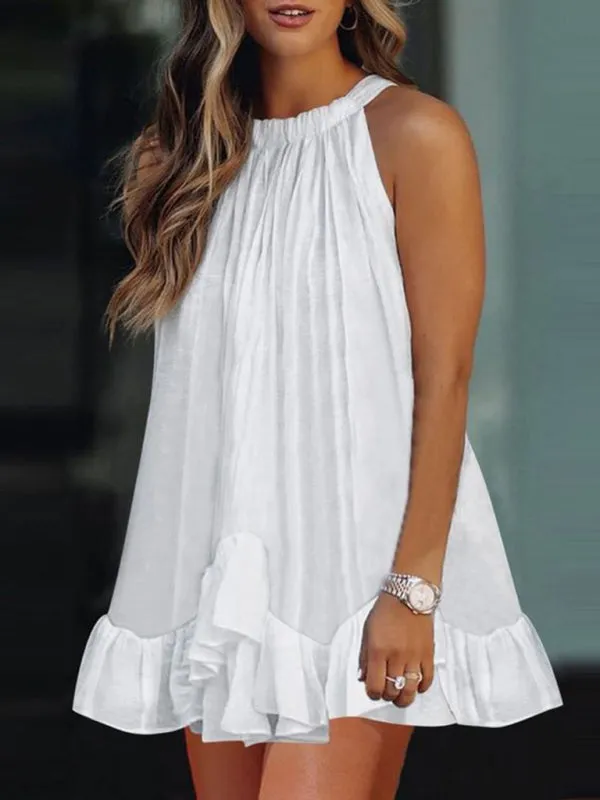 Halter Neck Mini Dress with Ruffle Hem and Pleats