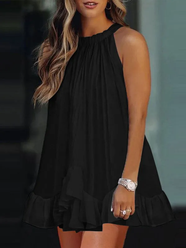 Halter Neck Mini Dress with Ruffle Hem and Pleats