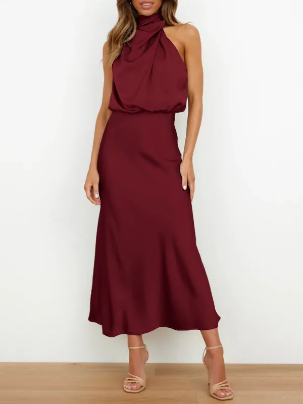 Halter Neck Satin Dress with Slim-Fit Design