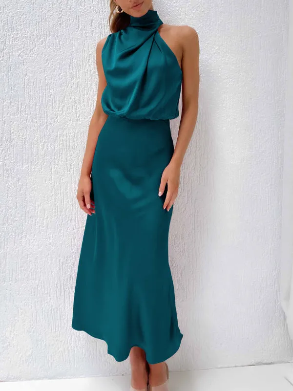 Halter Neck Satin Dress with Slim-Fit Design