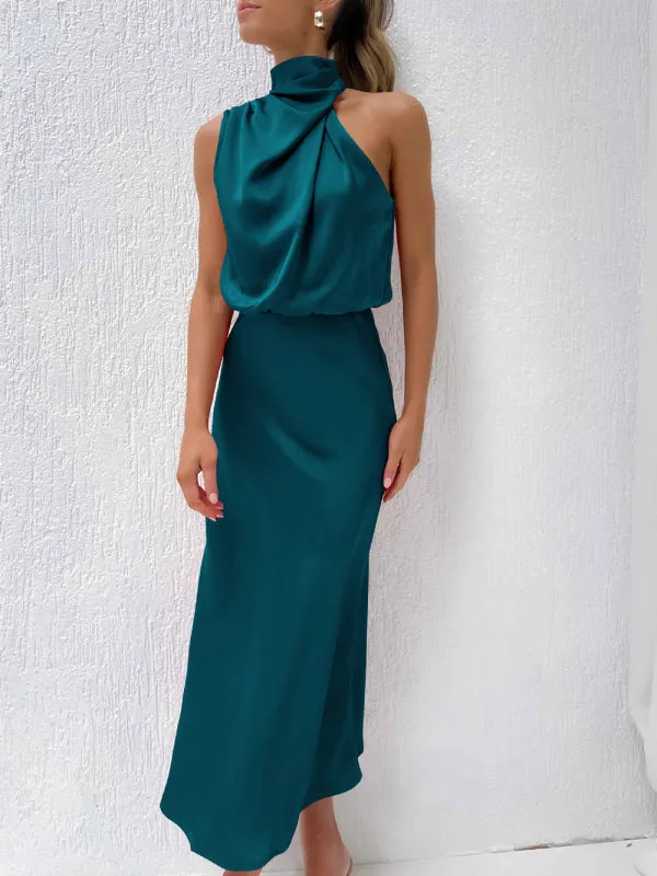 Halter Neck Satin Dress with Slim-Fit Design