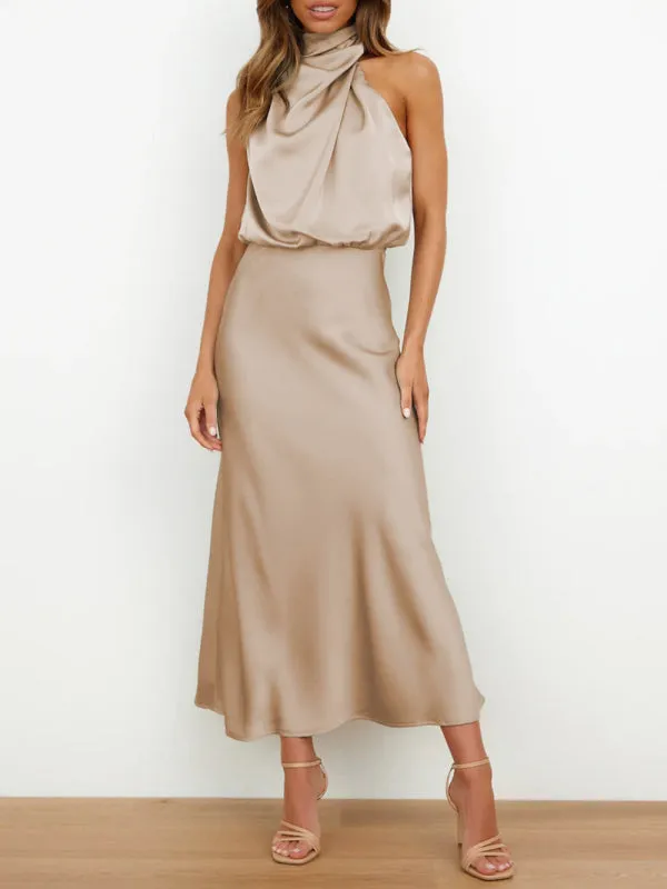 Halter Neck Satin Dress with Slim-Fit Design