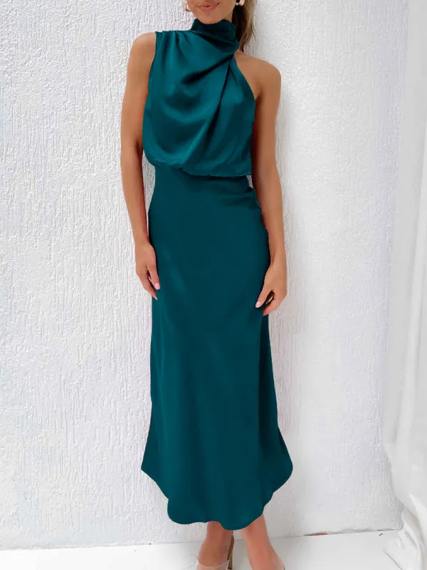 Halter Neck Satin Dress with Slim-Fit Design