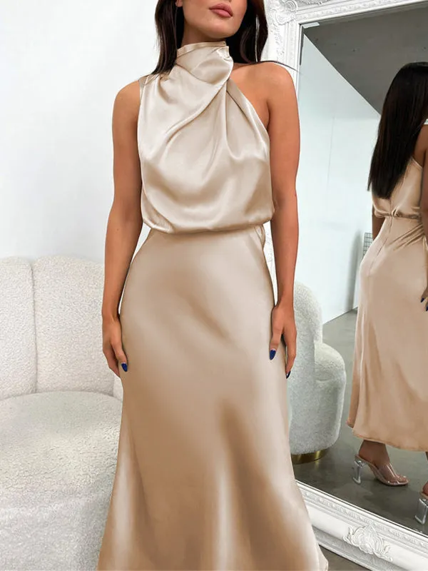 Halter Neck Satin Dress with Slim-Fit Design