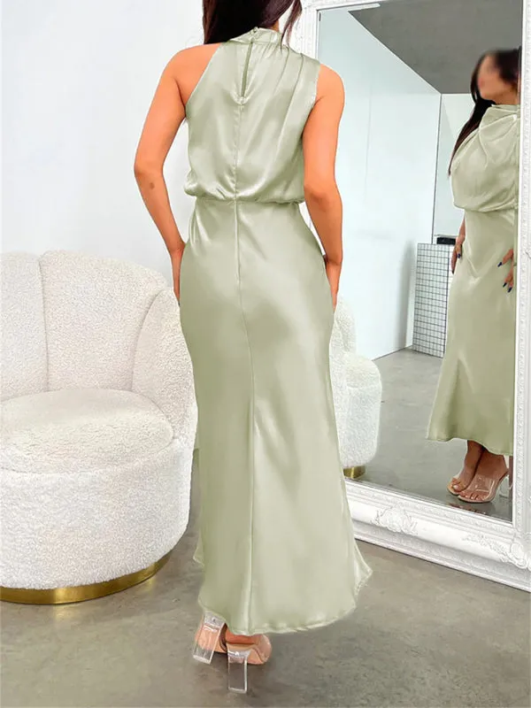 Halter Neck Satin Dress with Slim-Fit Design